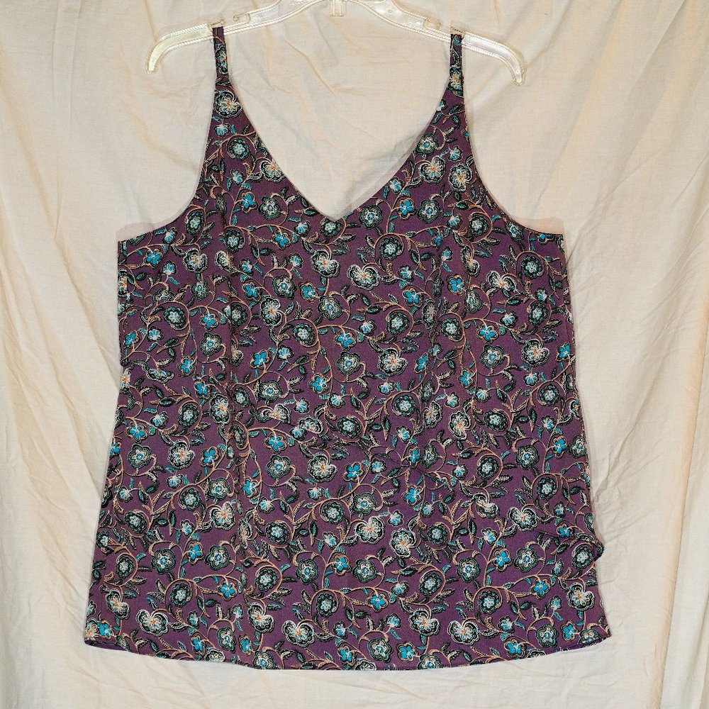 CAbi sleeveless blouse, large l, purple floral pattern